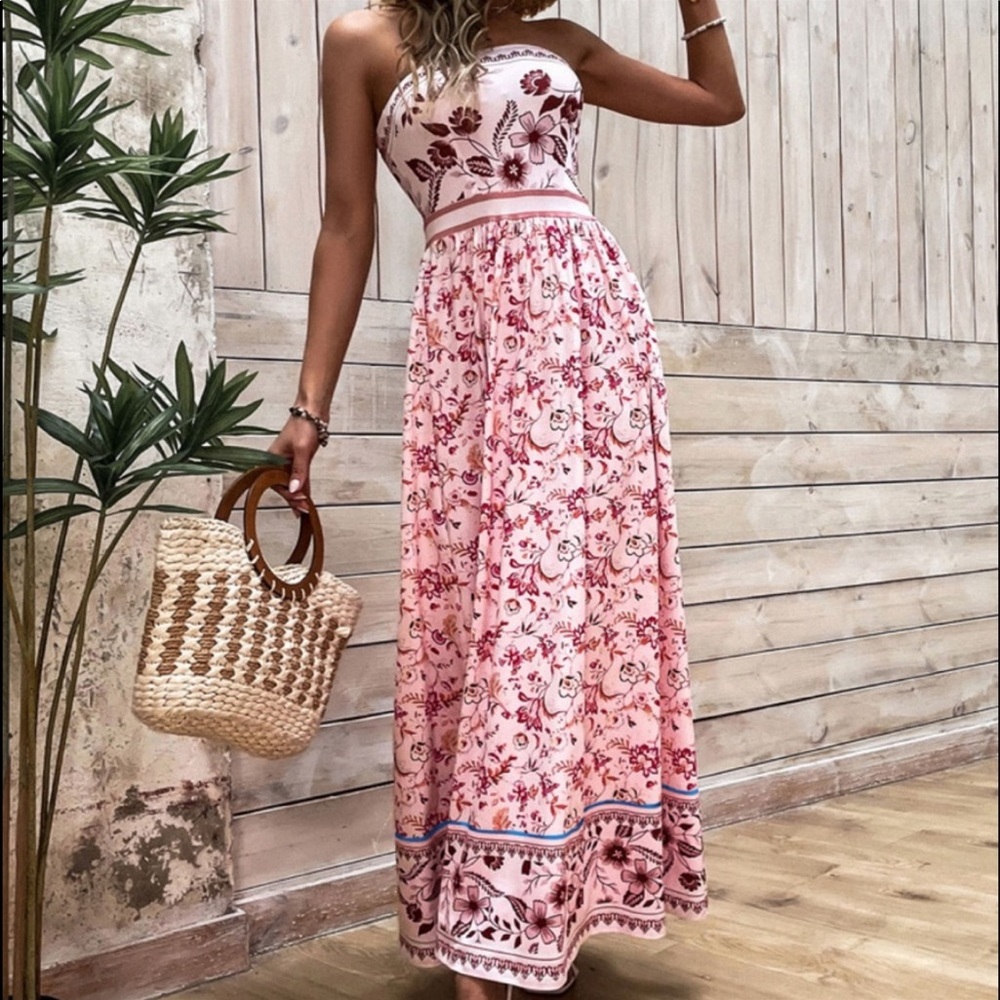 Boho Pink Floral Print Tube Maxi Dress - Picture 4 of 11